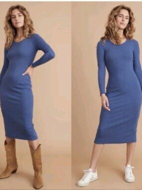 Marine Layer Lexi Rib Long Sleeve Midi Dress in French Blue